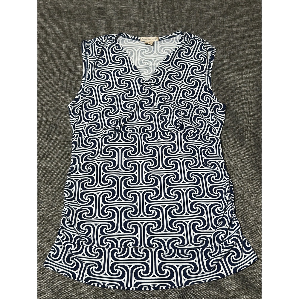 Susan Lawrence Women's XL Tank Top Navy White Geometric Sleeveless V-Neck